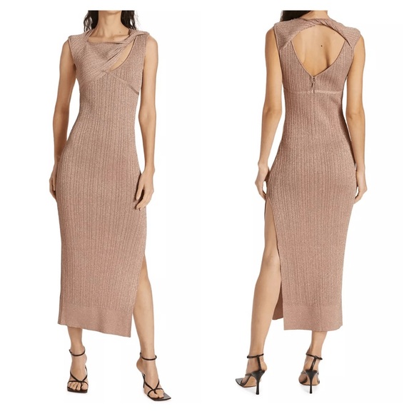 Aknvas Sevrine Dress Small Gold Champagne Glitter Twisted Midi Cocktail Formal - Picture 1 of 13